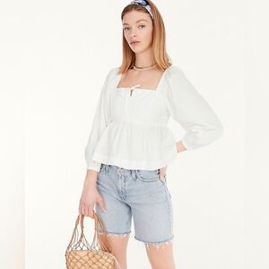 J.Crew 100%Cotton Squareneck Cropped Puff Long Sleave PeplumTop Blouse*White Sz6
